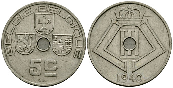Бельгия 5 сантимов 1940 Belgie - Belgique KM 111 никель латунь 4173-634
