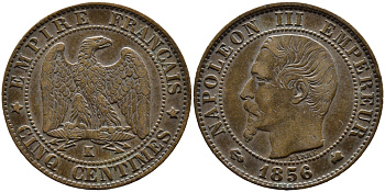 ФРАНЦИЯ 5 САНТИМОВ 1856 K, НАПОЛЕОН III (1852-1870) KM 777.5, LA FRANC 116.34 бронза 4393-1235