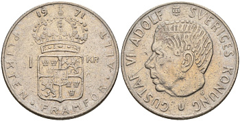 Швеция 1 крона 1971 U, Густав VI Адольф (1950-1973) KM 826a медь плакированный медно-никелем 4150-321