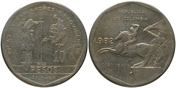 Колумбия 10 песо 1982 KM 270 никель латунь 4565-332