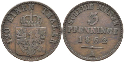ПРУССИЯ 3 ПФЕННИГА 1862 А, ВИЛЬГЕЛЬМ I (1861-1888) KM 482 медь 117-1055