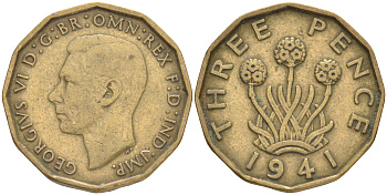 Великобритания 3 пенса 1941 Георг VI (1936-1952) KM 849, Spink 4112 никель латунь 4556-1051