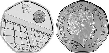 Великобритания 50 пенсов 2011 XXX летние Олимпийские игры в Лондоне в 2012 году, настольный теннис, в оригинальном картонном буклете, с Олимпийской голограммой (22/29) KM 1180 медно-никель  UNC  3-6-6-15