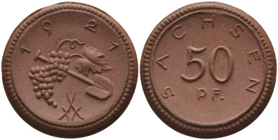 Саксония 50 пфеннигов 1921 виноград и лопата J. N 54 фарфор 1094-4-63