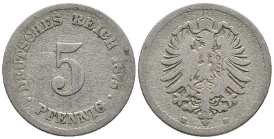 ГЕРМАНИЯ 5 ПФЕННИГОВ 1875 B, СТАРОГЕРБОВКА KM 3, J. 3 медно-никель 39-326