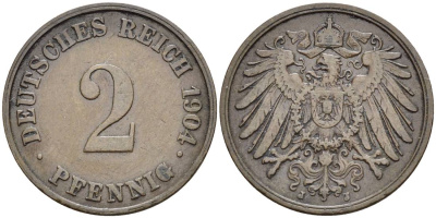 ГЕРМАНИЯ 2 ПФЕННИГА 1904 J , РЕДКАЯ KM 16, Jager 11, Weege 4 медь 4546-623