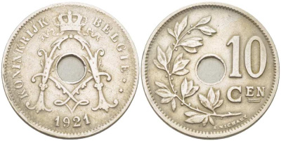БЕЛЬГИЯ 10 САНТИМОВ 1921 BELGIE KM 86 медно-никель 210-1051