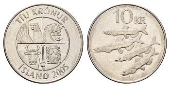 Исландия 10 крон 2005 рыбы KM 29.1a сталь плакированная никелем 4691-254