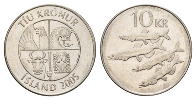 Исландия 10 крон 2005 рыбы KM 29.1a сталь плакированная никелем 4691-254