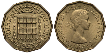 Великобритания 3 пенса 1953 Елизавета II (1952-2022) KM 886, Spink 4152 никель латунь UNC 1522-535