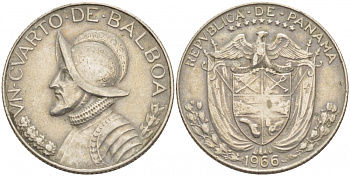 Панама 1/4 бальбоа 1966 Васко Нуньес де Бальбоа KM 11a медь плакированная медно-никелем 259-953