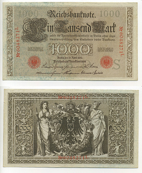 ГЕРМАНИЯ 1000 МАРОК 1910 КРАСНАЯ ПЕЧАТЬ, 7 ЦИФР В НОМЕРЕ Pick 44b бумага 7217-35-2