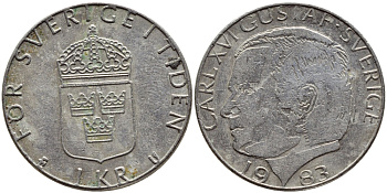 Швеция 1 крона 1983 Карл XVI Густав (1973- ) KM 852a медно-никель 4397-1114