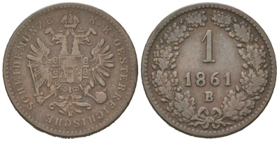 Австрия 1 крейцер 1861 B, Франц Иосиф I (1848-1916) KM 2186 медь 4617-946