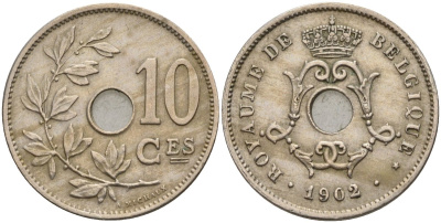 Бельгия 10 сантимов 1902 BELGIQUE KM 48 медно-никель 4143-537