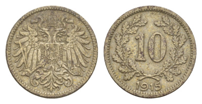 Австрия 10 геллеров 1915 Франц Иосиф I (1848-1916) KM 2822 медь цинк никель 4659-138