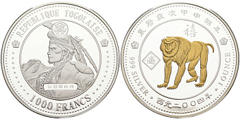 Того 1000 франков 2004 серия китайский гороскоп, год обезьяны KM 34 серебро PROOF 02-263-32