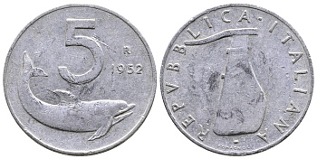 ИТАЛИЯ 5 ЛИР 1952 R, РУЛЬ, ДЕЛЬФИН KM 92 алюминий 51-2455