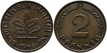 ФРГ 2 пфеннига 1966 G KM 106, J.381 бронза 99-146