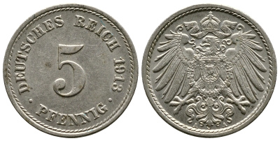 ГЕРМАНИЯ 5 ПФЕННИГОВ 1913 А, KM 11, J. 12 медно-никель 4364-134