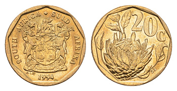 ЮАР 20 центов 1994 герб, цветок протея KM 136 сталь плакированная бронзой UNC 4694-834