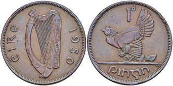 Ирландия 1 пенни 1950 курица с цыплятами KM 11 бронза 88-835