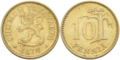ФИНЛЯНДИЯ 10 ПЕННИ 1974 S KM 46 алюминиевая бронза 3718-128