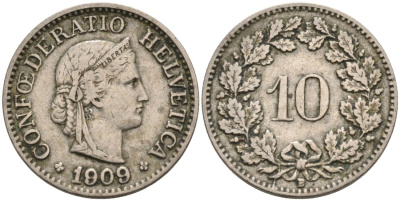 Швейцария 10 раппенов 1909 В KM 27 медно-никель 4564-965