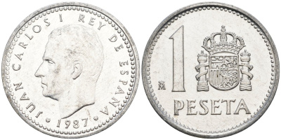 Испания 1 песета 1987 M, Хуан Карлос I (1975-2014) KM 821 алюминий 4402-1021
