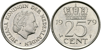Нидерланды 25 центов 1979 Юлиана (1949-1980) KM 183 никель 96-255