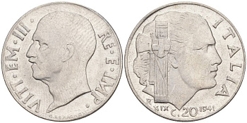 ИТАЛИЯ 20 ЧЕНТЕЗИМО 1941 R, ГОД XIX, ВИКТОР ЭММАНУИЛ III (1900-1946) KM 75b, VEM3. 1028 нержавеющая сталь 3853-1037