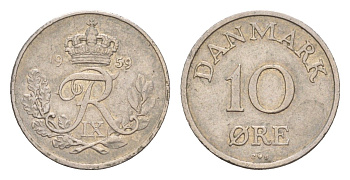 Дания 10 эре 1959 C; S, Фредерик IX (1947-1972), самый редкий год тиража - 1.255.000 экземпляров KM 841 медно-никель 1524-115