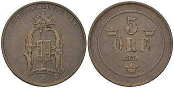 Швеция 5 эре 1875 Оскар II (1872-1907) KM 736 бронза 4175-431
