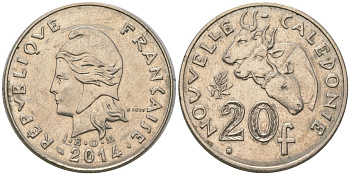 Французская Новая Каледония 20 франков 2014 три быка, (IEOM) KM 12a, Schoen 14a медно-никель 4137-512