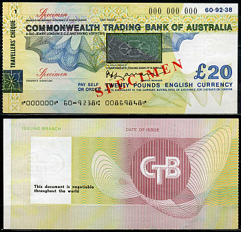 Австралия, Оптовый банк 20 фунтов ND дорожные чек, образец Specimen   бумага  UNC (пресс) 444-35-2-2