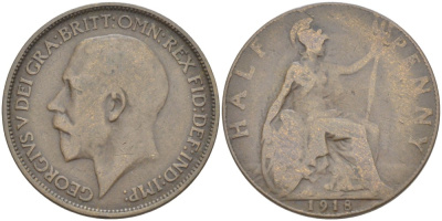 Великобритания 1/2 пенни 1918 Георг V (1910-1936) KM 809, Spink 4056 бронза 4519-122