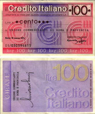 Италия чек на 100 лир 1976 18 марта 1976, credito Italiano бумага 7204-39-3-1