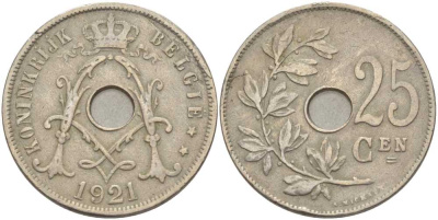 Бельгия 25 сантимов 1921 Belgie, Альберт I (1909-1934) KM 69 медно-никель 213-315