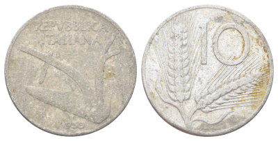 Италия 10 лир 1953 R, плуг, колосья KM 93 алюминий 3336-741