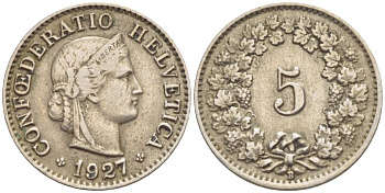 ШВЕЙЦАРИЯ 5 РАППЕНОВ 1927 В KM 26 медно-никель 4532-926