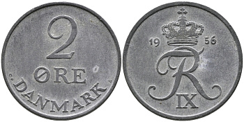ДАНИЯ 2 ЭРЕ 1956 C; S, ФРЕДЕРИК IX (1947-1972) KM 840.2 цинк 28-1034