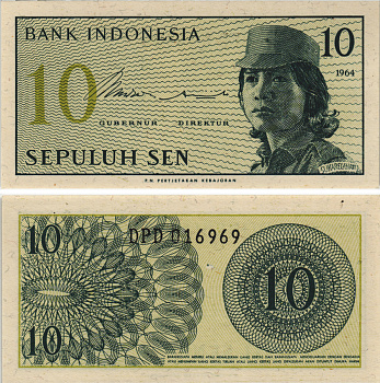 Индонезия 10 сенов 1964 девушка волонтер Pick 92 a бумага UNC (пресс) 8604-48-4-2