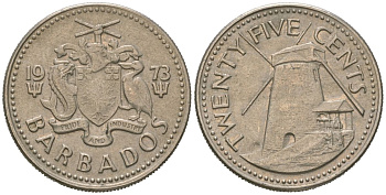 Барбадос 25 центов 1973 ветряная мельница Моргана Льюиса KM 13 медно-никель 4619-525