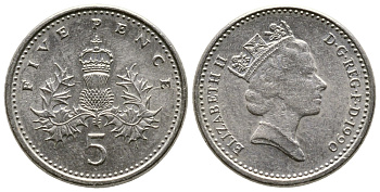 Великобритания 5 пенсов 1990 Елизавета II (1952-2022) KM 937b, Spink 4372 (D4) медно-никель 3999-1152