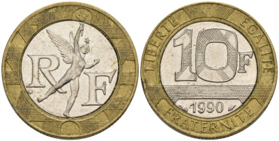 Франция 10 франков 1990 тип Гений Бастилии KM 964.1, Le Frank 375.5 биметалл 4573-1023