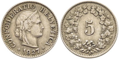 ШВЕЙЦАРИЯ 5 РАППЕНОВ 1927 В KM 26 медно-никель 4532-926