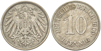 Германия 10 пфеннигов 1909 E KM 12, Jager 13, Weege 8 медно-никель 219-151