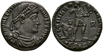 Римская Империя нуммий 367 - 375 Валентиниан I GLORIA ROMANORVM Сисция Good Very fine RIC 14a бронза 1073-10-96