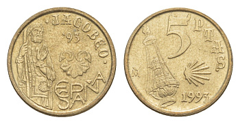 Испания 5 песет 1993 Год Святого Иакова KM 919 алюминиевая бронза UNC 4623-1215