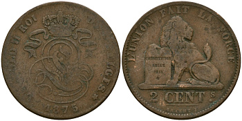 Бельгия 2 сантима 1875 Belges KM 35 медь 4135-946